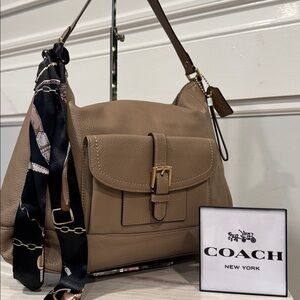 Coach Tan Leather Shoulder Bag with Scarf Detail